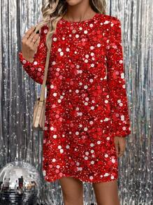 SHEIN LUNE Casual Minimalist Glitter Print Loose Round Neck Woman Dress
