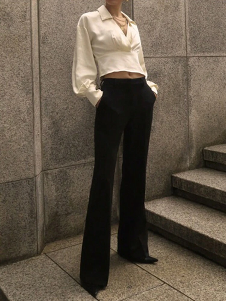 Women Short Design Turndown Collar Long Sleeve White Shirt, Apricot Color, Spring/Summer/Autumn Crop Women Tops