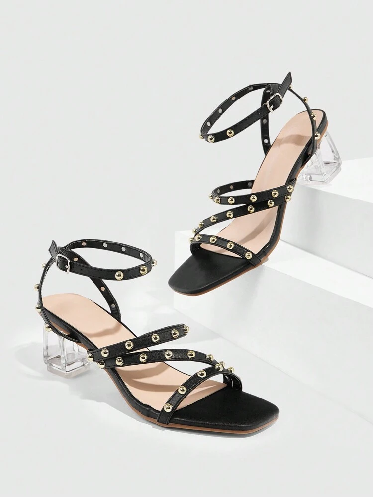 CUCCOO SZL Elegant Black Strap Peep Toe High Heel Sandals, Transparent Stilettos, Sexy Formal Occasion Shoes For Weddings, Dates, Holidays, New Year Parties Spring Shoes Spring Break Easter Prom Heels