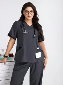 TaskEZ 大码纯色拼布短袖口袋衬衫和长裤护士制服套装 - 灰色 - 查看 7