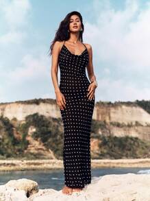 Opulessa Woven Classic Polka Dot Pattern Draped Neck Backless Dress With Fishtail Hem For Women,Polka Dot Dress - Black - View 2