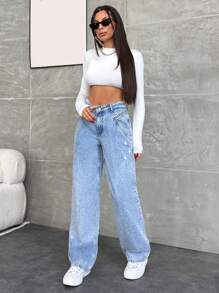 EURMUSE WOMEN STRAIGHT MID WAIST JEANS - Light Wash - View 6