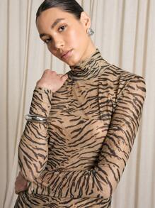 AiiRZ 虎纹长袖高领网眼上衣时尚个性单品动物印花秋冬分层上衣修身紧身衣俱乐部派对晚会时尚