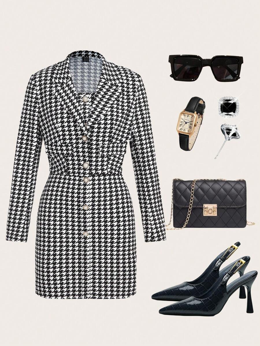 SHEIN Clasi 女士优雅千鸟格连衣裙，配有金属纽扣和翻领西装外套 2 件套，适合约会和通勤