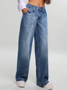 EURMUSE WOMEN STRAIGHT LOW WAIST JEANS - Medium Wash - View 5