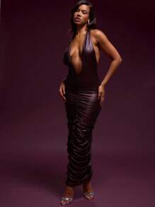 MUSERA Đầm maxi giả da xẻ sâu, xếp ly, hở lưng, gợi cảm, thanh lịch, thích hợp cho mùa xuân hè, đi chơi, dự tiệc, sang trọng. - Màu Đỏ Sâu - Xem 1