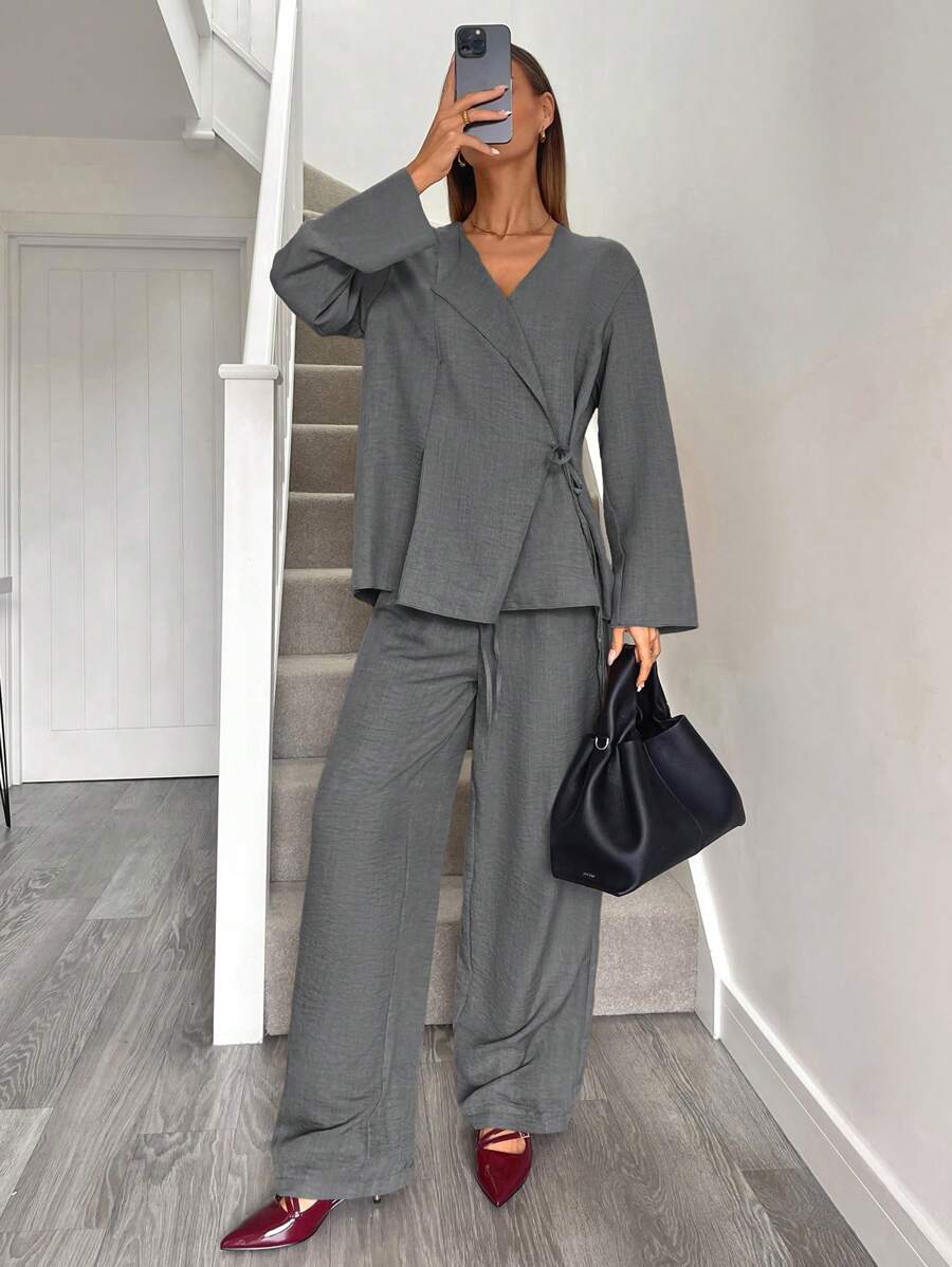 Siren Gaze 女士西装外套，灰色套装，西装套装，办公室女装，商务女装，两件套春秋装，情侣装，家庭圣诞睡衣套装，情侣装，春秋装 - 灰色 - 查看 1