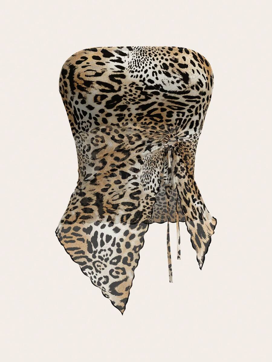 SHEIN ICON Y2K 豹纹网眼抽绳不对称下摆抹胸上衣