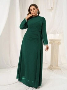 SHEIN Belle 大码优质亮片珍珠袖口正式晚礼服，派对奢华晚礼服舞会礼服，带亮片和珍珠袖口，婚礼宾客礼服 - 墨綠色 - 查看 6