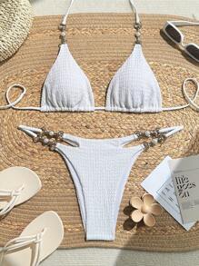 Swim SXY 夏季女士颈挂式白色性感珍珠装饰比基尼套装，沙滩装 - 白色 - 查看 3