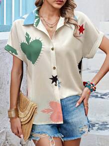 SHEIN LUNE Women Casual Random Heart & Star Print Short Sleeve Blouse