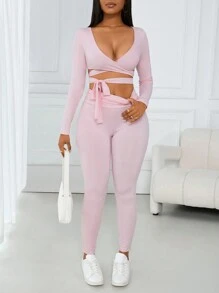 VaVaBold 2pcs Suit Set: Comfortable Casual V-Neck Cross Straps Bowknot Long Sleeve Top & Ruched Waist Leggings, Pink
