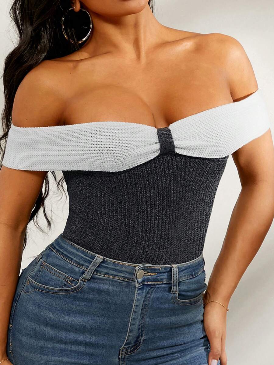 SHEIN SXY 休闲撞色露肩蝴蝶结针织毛衣 - 深灰色 - 查看 1