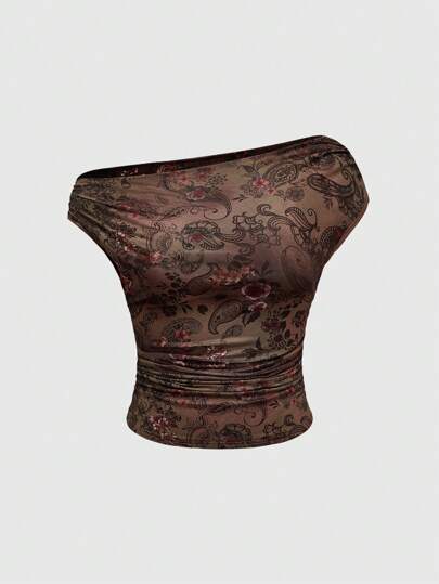 Fairycore Vintage Fairy Vine Mesh Print Strapless Gathered Tight Women T-Shirt