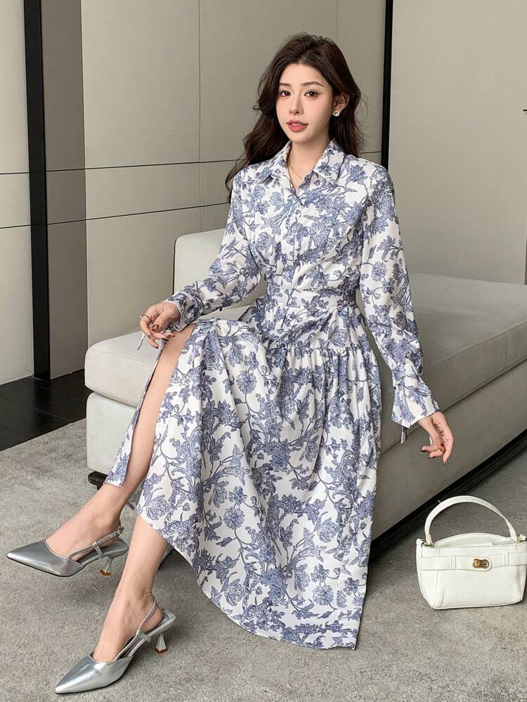 Allover Floral Print Belted Asymmetrical Hem Mid-Length Dress For Women Shirt Dress, Fall Dress, Teacher Outfits Long Sleeve Dress Boho
