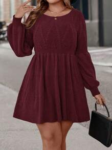 SHEIN Clasi Plus Size Cinched Waist Babydoll Texture Jacquard Lantern Sleeve Round Neck Sweater,Parties, Music Festivals, Home Wear,Gifting, And Shopping.Winter Women Dress,Elegant Women Dresses,Fall Dresses,Casual Dress,Classy Dress - Burgundy - View 7