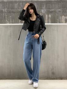 DAZY Chaqueta de mujer de estilo corto, casual y de moda, con cuello de solapa de piel sintética (PU)