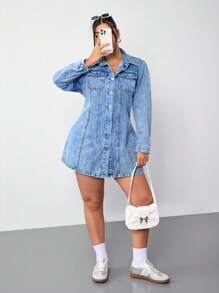 SHEIN EZwear Plus Size Front Button Long Sleeve Pocket Simple Short Denim Dress - Blue - View 5