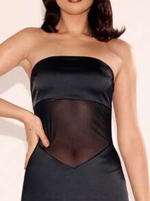 MUSERA 丝绒网纱拼接抹胸连衣裙，性感可爱，适合春夏派对、外出和度假穿着。 - 黑色 - 查看 5