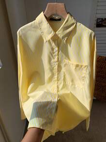 Comfortcana 女士条纹印花简约日常长袖衬衫、长袖上衣 - 黃色 - 查看 5