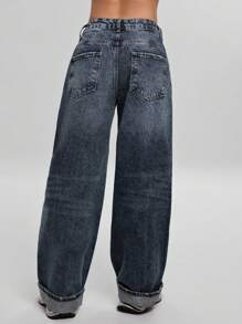 CASUAL LOW RISE WIDE LEG FOLDED UP HEM JEANS - Dark Wash - View 3