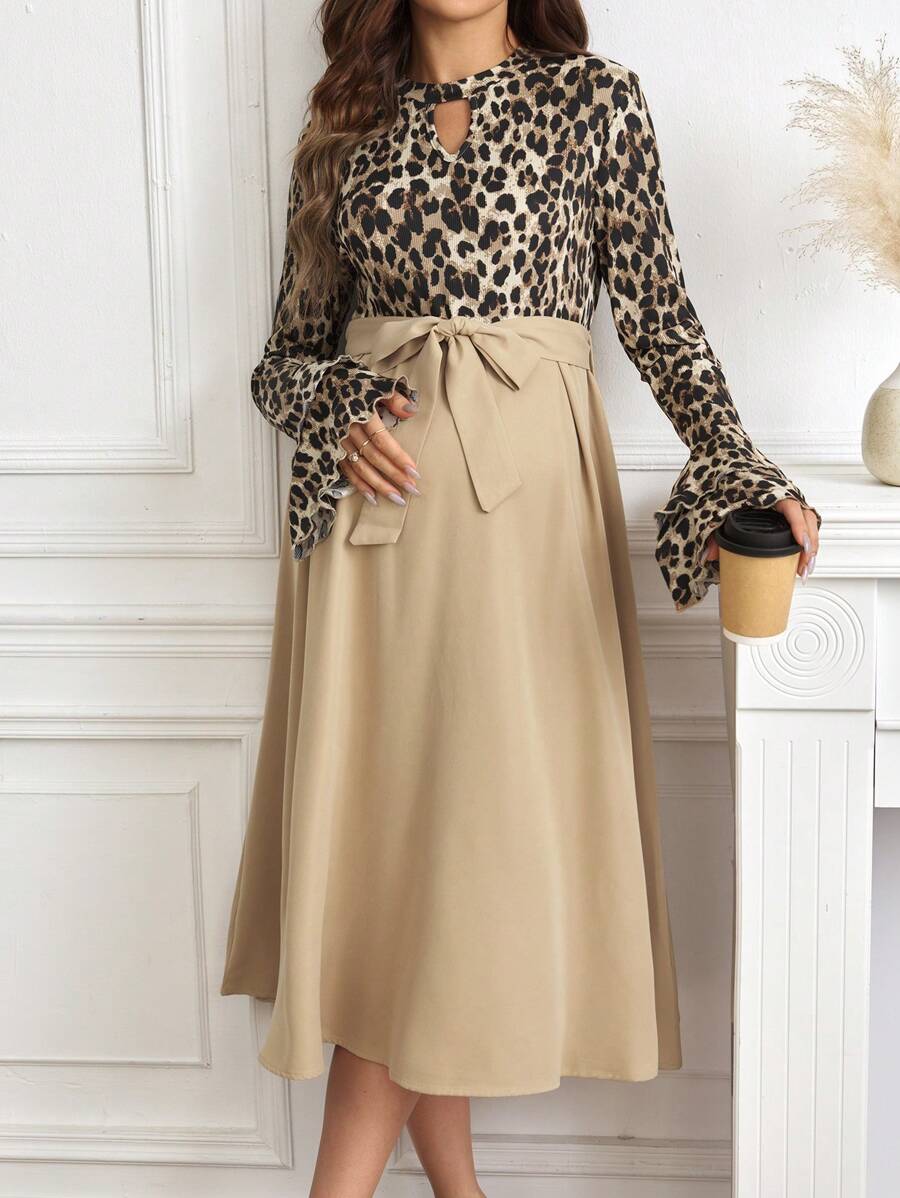 SHEIN Maternity Contrast Leopard Round Neck Long Sleeve Tie Front Casual Dress - Multicolor - View 1