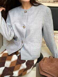 INAWLY Women's Casual Round Neck Long Sleeve Single-Breasted Coat, Autumn/Winter Fall Cloth For Women - Grey - View 6