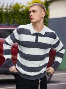 Manfinity Hypemode 男士前扣长袖条纹简约针织毛衣，休闲日常穿着 - 彩色 - 查看 5