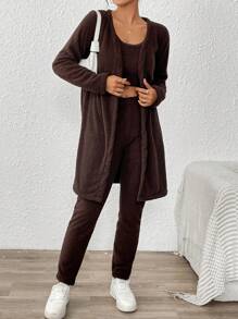 2 件套女士冬季毛绒套装，长袖夹克 + 短款背心 + 裤子，合身，优雅毛绒套装，舒适，简约，时尚，棕色毛绒套装，家庭搭配母女 - 棕色 - 查看 4