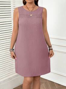 SHEIN LUNE Đầm ngắn đơn giản không tay cổ tròn màu trơn cỡ lớn cho nữ - Bụi hồng - Xem 4