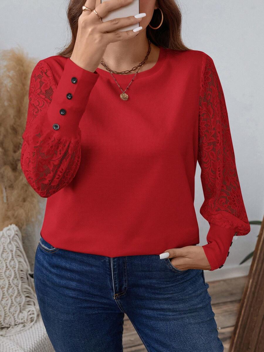 SHEIN LUNE 大码女式圆领撞色蕾丝长袖优雅上衣商务休闲女士派对服装节日装 - 紅色 - 查看 1