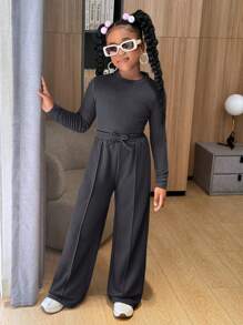 Slaydiva 青少年女孩休闲针织圆领长袖上衣和直筒裤两件套