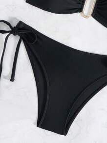 Women's Solid Color Pearl Strap Metal Buckle Backless Tie Bikini Set, Beach Outfits For Summer Beach Vacation