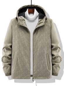 Manfinity Homme Men's Front Zipper Long Sleeve Pocket Solid Color Patchwork Simple Hooded Jacket - Khaki - View 3