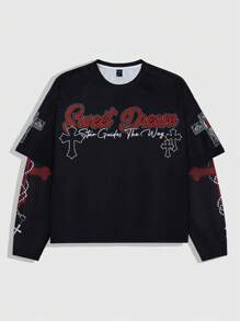 ROMWE MEN Street Life Men's Vintage Painting Crew Neck Long Sleeve Graphic Print Casual Tee, Fall - Black - View 2