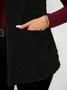 SHEIN LUNE Plus Size Women Casual Fuzzy Texture Double Pocket Front Open Vest, Suitable For Autumn Plus Size Fall Clothes Winter - Black - View 8