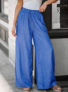 SHEIN LUNE Calça jeans feminina de cintura alta e perna larga, azul marinho - Azul - Ver 3
