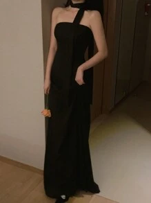 DAZY 女士束腰中长款亮黑色抹胸连衣裙优雅