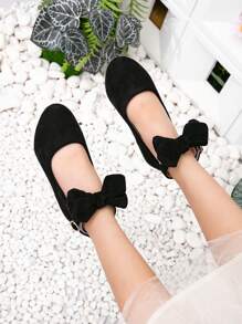 New Girls Round Toe Dress High Heel Shoes, Children Black Bow Decor Princess Shoes, Kids Thick Heel Flats