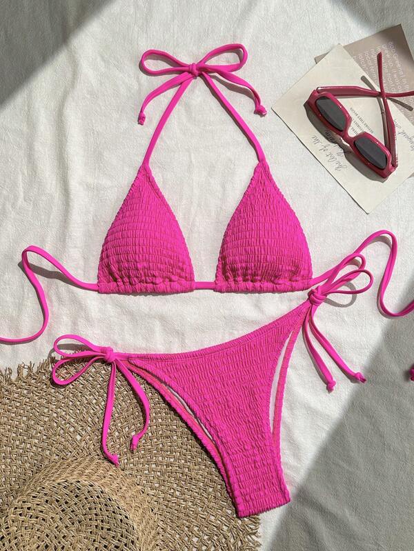 SHEIN Swim Women's Solid Color Sexy Halter Neck Tie Bikini Two-Piece Bikini, For Beach & Vacation Summer