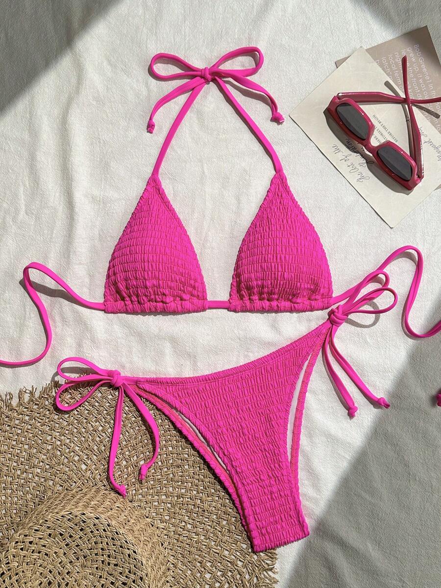 SHEIN Swim 女士纯色性感吊带比基尼两件套比基尼,适合海滩和度假夏季 - 玫紅色 - 查看 1