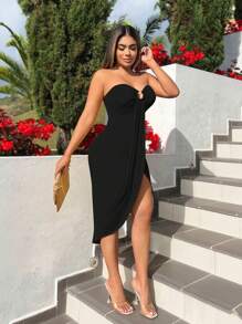 SHEIN SXY Vestido midi sem alças com detalhes de anel metálico e fenda frontal, sexy, cargo, férias, praia, verão, férias, boho, roupa feminina, orgulho, roupa ocidental, roupa de aniversário, despedida de solteira, roupas para shows, clube, roupa feminina de verão, orgulho, roupa ocidental, roupa de aniversário, despedida de solteira, roupas para shows, clube - Preto - Ver 4