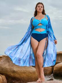 Swim Oasis Conjunto de 2 piezas para mujer talla grande - Traje de baño de una sola pieza con recorte calado de 3 capas, decoración metálica y contraste de color azul, con bata holgada de manga larga para cubrir, cómodo y de alta gama para el verano