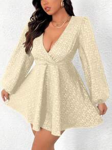 SHEIN Unity Plus Size Elegant Solid Color Jacquard Lantern Sleeve Cinched Waist Mini Dress For Autumn Fall Cloth For Women - Apricot - View 1