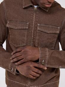 Musero Pocket Detail Contrast Stitch Trucker Jacket - Khaki - View 5