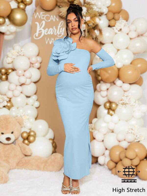 Loomaby Pregnant Women Elegant Party Solid Color Asymmetric Neck Fitted Dress With 3D Floral Decor, For Baby Shower, Maternity Dress