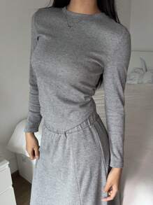 SHEIN EZwear 2 Pieces Women's Thermal Lined Long Sleeve Top And Long Pants Set, Suitable For Autumn/Winter - Grey - View 4
