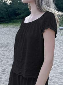 SHEIN EZwear 女式常规款纯色编织方领泡泡袖衬衫 - 黑色 - 查看 4