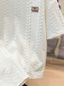 SHEIN Leap Crew 2pcs Teen Boys Casual Versatile Comfortable Warm Super Highly Attractive For Money Net Colour Textured Knit Leisure Printed Round Neck T-Shirt Shorts Suit;Suitable For Spring, Suitable For Spring/Summer Outing, Spring - White - View 6