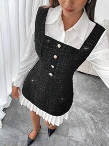 SHEIN Essnce Vestido de invierno para mujer, vestido largo, vestido blanco de parche de tweed de dos en uno, mini vestido con dobladillo plisado en forma de A, apertura frontal con botones sencillos, vestido corto casual, adecuado para uso diario. - Blanco y Negro - Ver 4